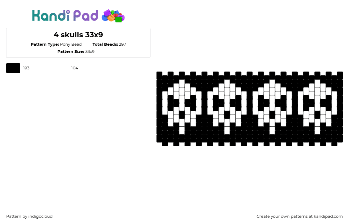 4 skulls 33x9 - Pony Bead Pattern by indigocloud on Kandi Pad - skulls,repeating,cuff,spooky,halloween,black,white