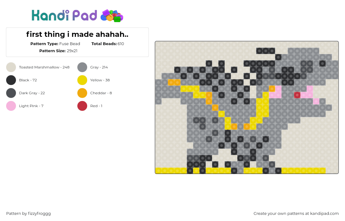 first thing i made ahahah.. - Fuse Bead Pattern by fizzyfroggg on Kandi Pad - dinosaur,creature,gray,yellow