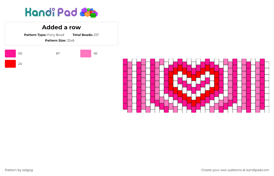 Added a row - Pony Bead Pattern by zalgog on Kandi Pad - heart,love,valentine,stripes,bright,cuff,pink,white