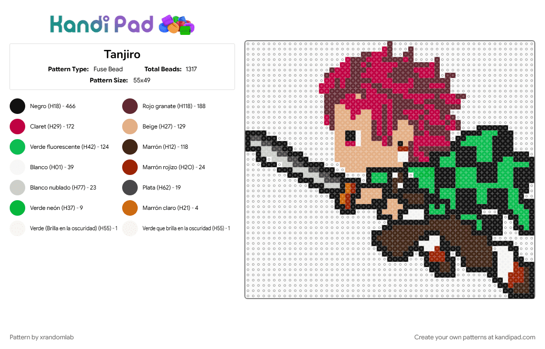 Tanjiro Fuse Bead Pattern - Kandi Pad | Kandi Patterns, Fuse Bead ...