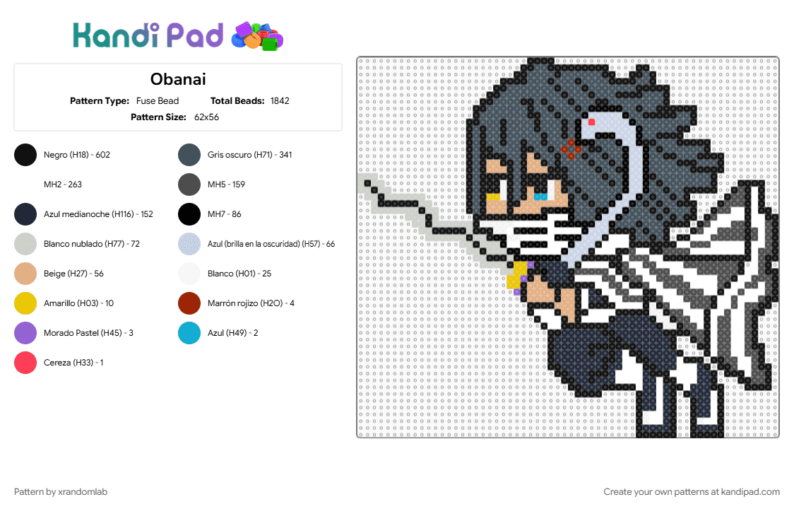 Obanai - Fuse Bead Pattern by xrandomlab on Kandi Pad - black, gray, purple, white
