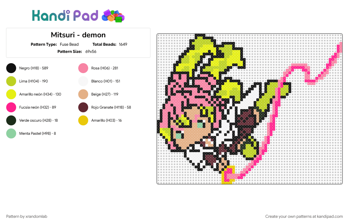 Mitsuri - demon - Fuse Bead Pattern by xrandomlab on Kandi Pad - green, pink, yellow