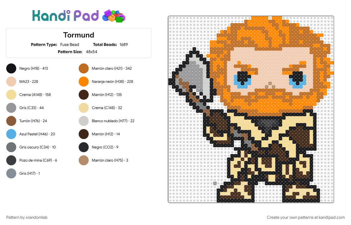 Tormund - Fuse Bead Pattern by xrandomlab on Kandi Pad - beige, orange, tan