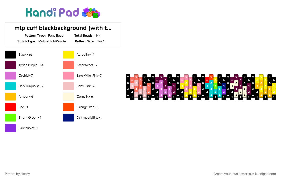 mlp cuff blackbackground (with text) - Pony Bead Pattern by elenzy on Kandi Pad - black, fluttershy, kandi cuff, mlp, multistitch, my little pony, pink, pinkie pie, rainbow dash, rarity, yellow
