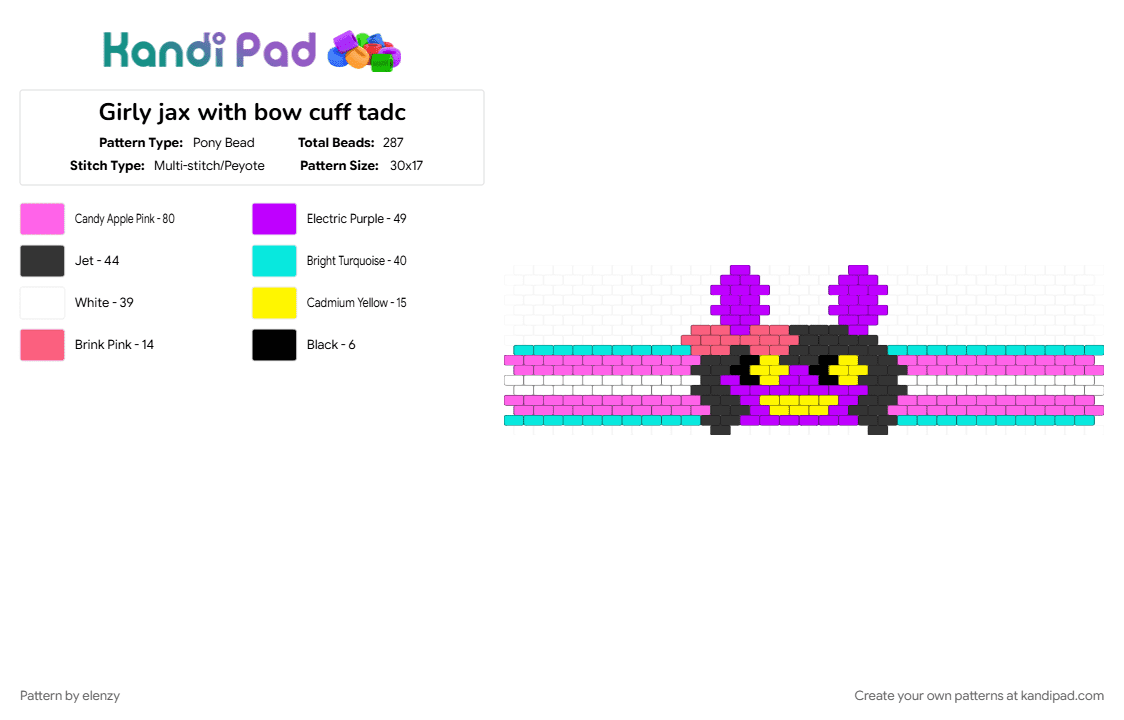 Girly jax with bow cuff tadc - Pony Bead Pattern by elenzy on Kandi Pad - bow, girly jax, jax, light blue, peyote cuff, pink, pride, purple, tadc, the amazing digital circus, trans