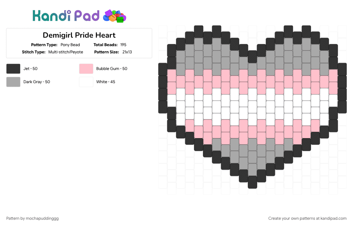 Demigirl Pride Heart - Pony Bead Pattern by mochapuddinggg on Kandi Pad - beige, demigirl, heart, pink, pride