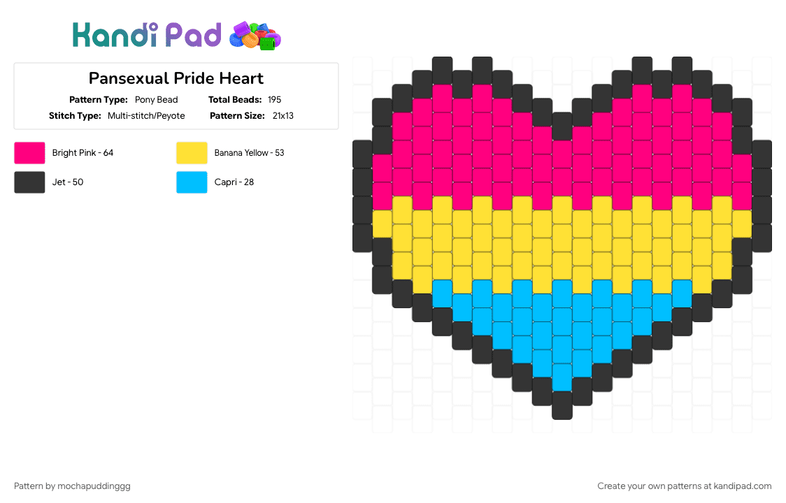 Pansexual Pride Heart - Pony Bead Pattern by mochapuddinggg on Kandi Pad - heart, pansexual, pink, pride, yellow