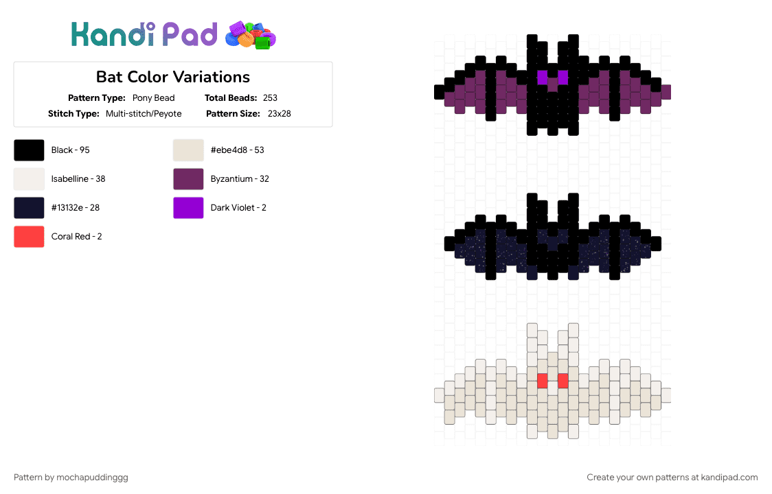 Bat Color Variations - Pony Bead Pattern by mochapuddinggg on Kandi Pad - black, pink, white