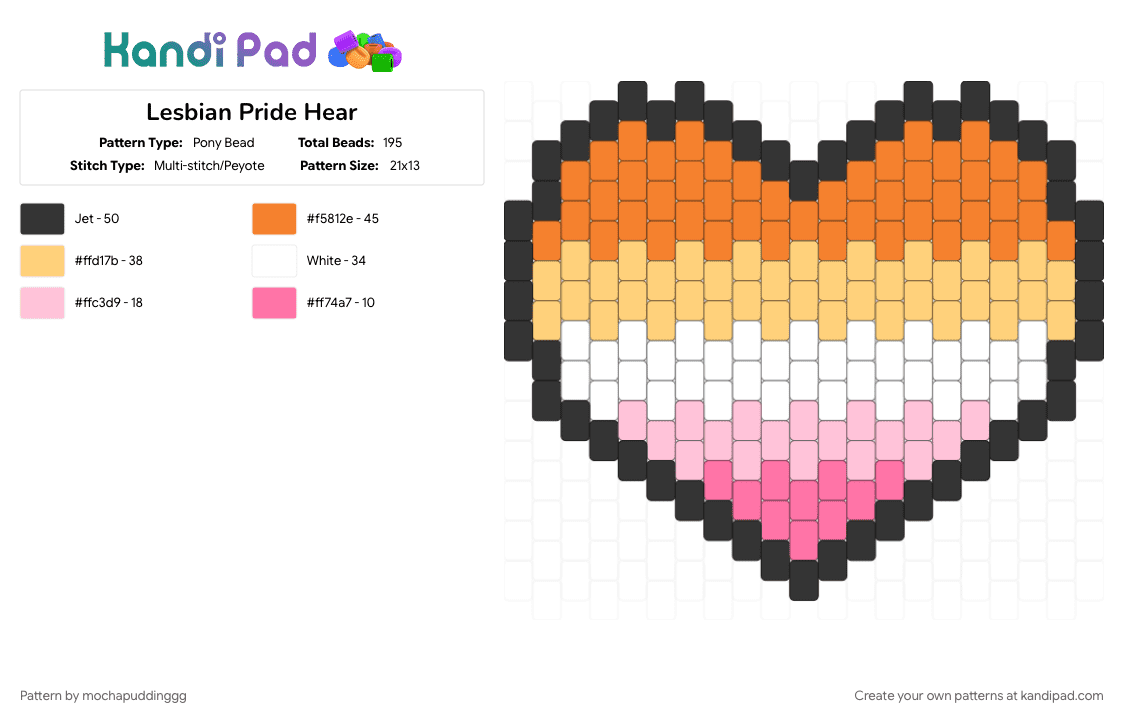 Lesbian Pride Heart - Pony Bead Pattern by mochapuddinggg on Kandi Pad - heart, lesbian, pride