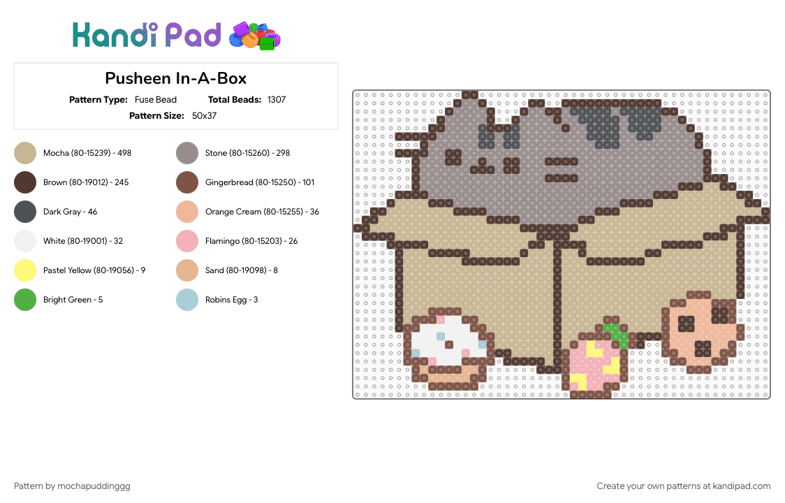 Pusheen In-A-Box - Fuse Bead Pattern by mochapuddinggg on Kandi Pad - beige, box, brown, cardboard, cutesy, dessert, food, gray, pusheen