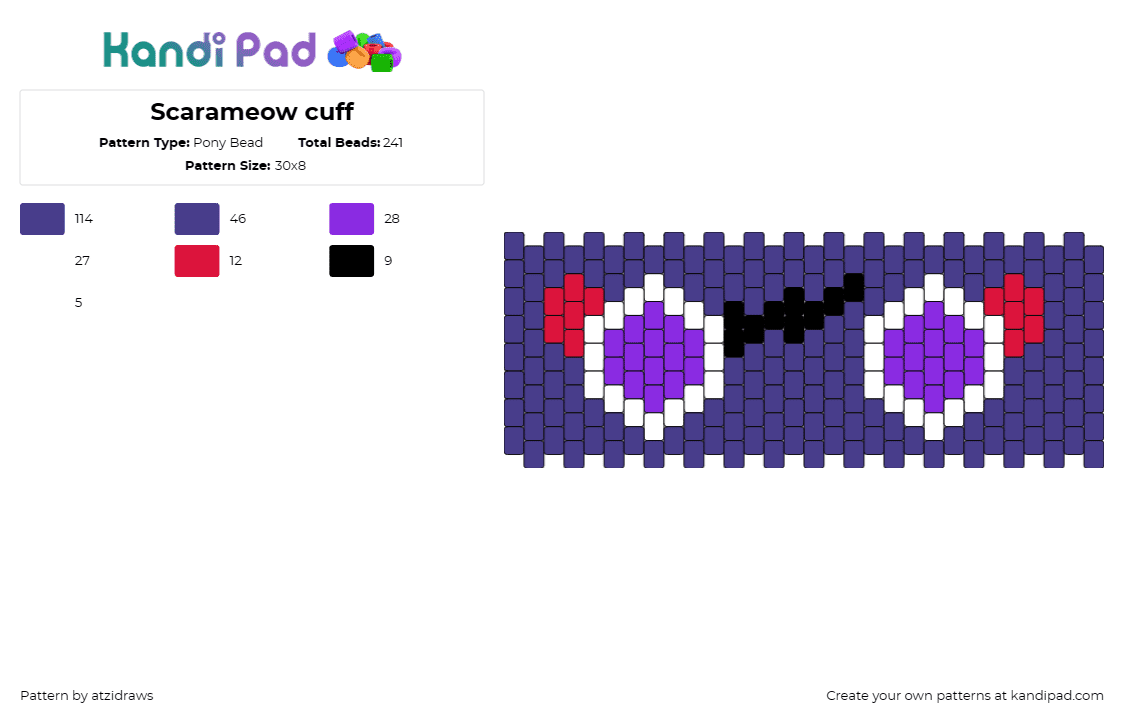 Scarameow cuff - Pony Bead Pattern by atzidraws on Kandi Pad - scarameow,roblox,genshin impact,scaramouche,eyes,cuff,video game,anime,purple