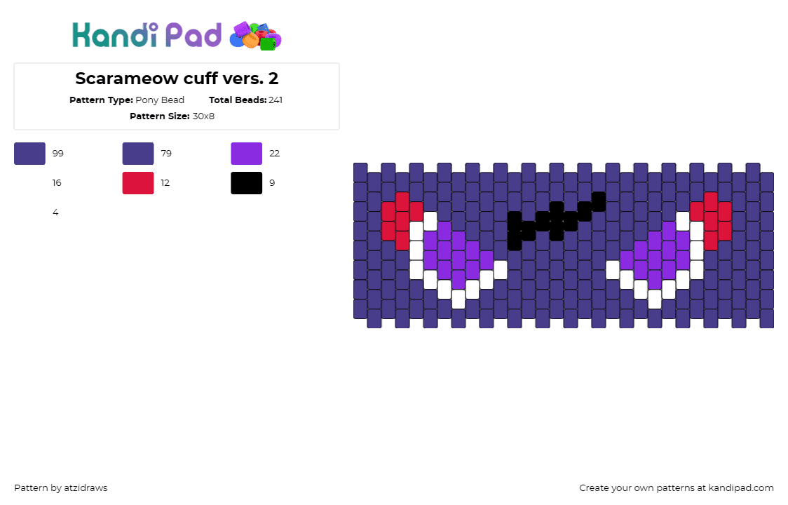 Scarameow cuff vers. 2 - Pony Bead Pattern by atzidraws on Kandi Pad - scarameow,roblox,genshin impact,scaramouche,eyes,cuff,video game,anime,purple