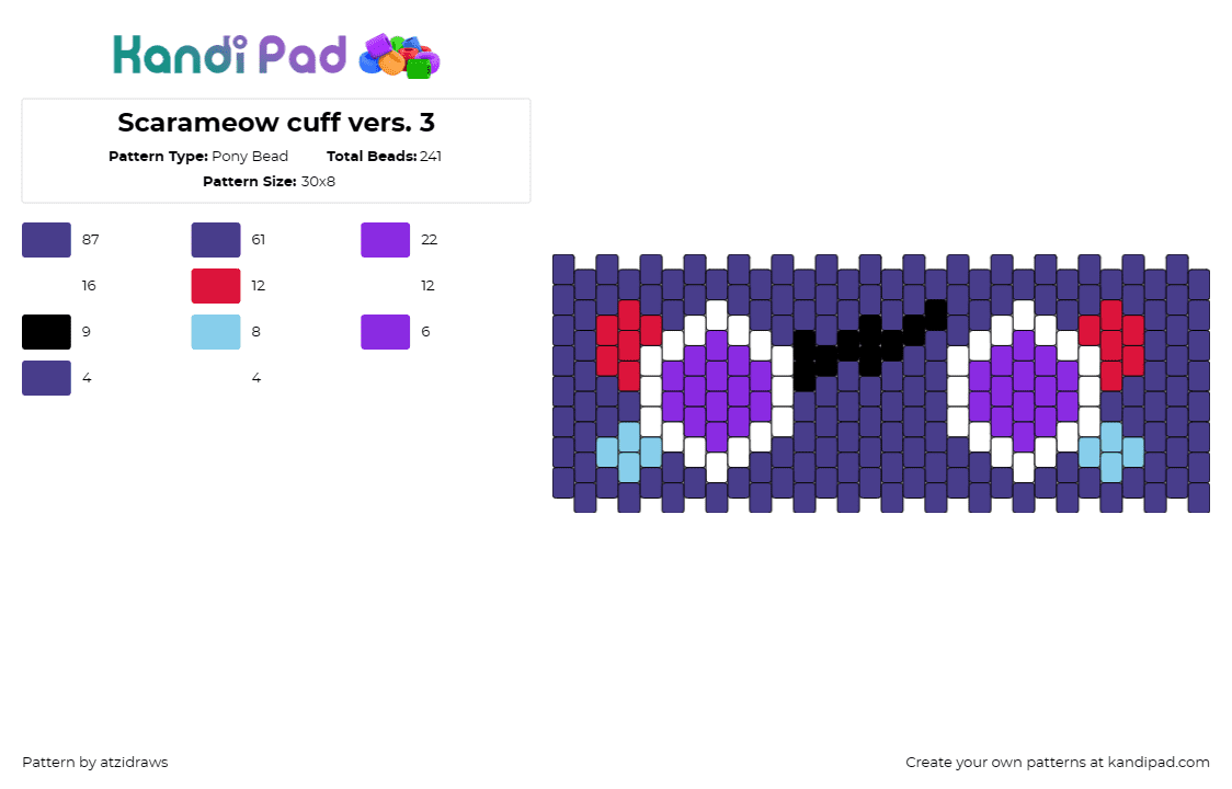 Scarameow cuff vers. 3 - Pony Bead Pattern by atzidraws on Kandi Pad - scarameow,roblox,genshin impact,scaramouche,eyes,cuff,video game,anime,purple