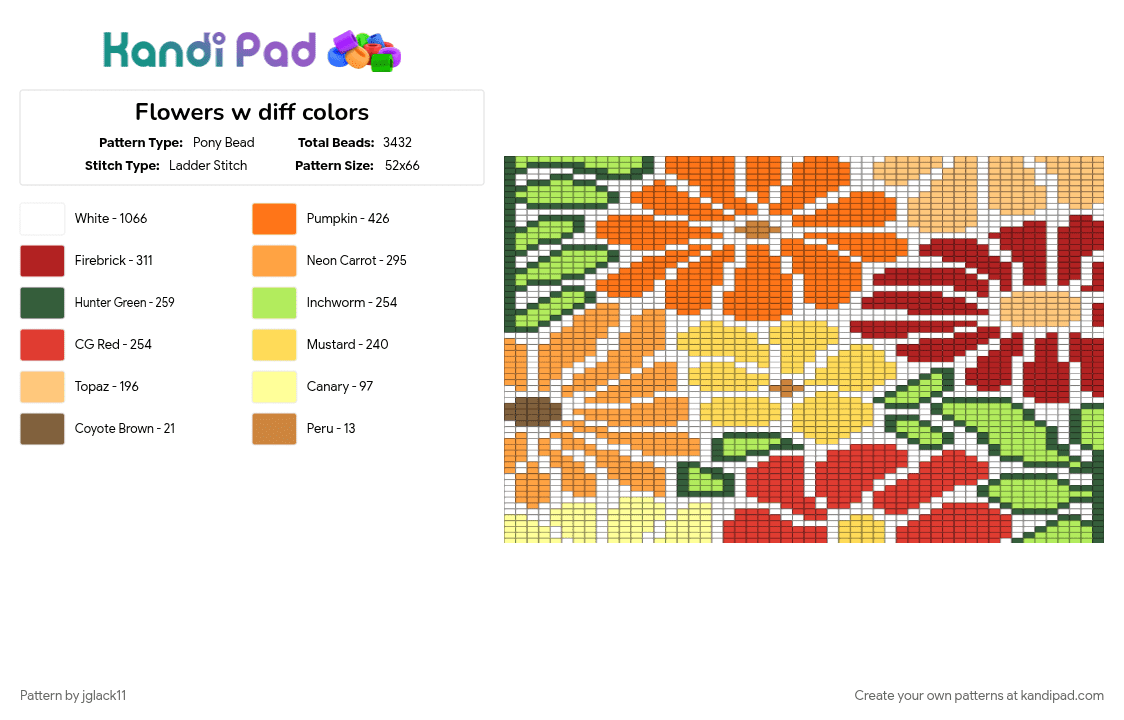 Flowers w diff colors - Pony Bead Pattern by jglack11 on Kandi Pad - orange, red
