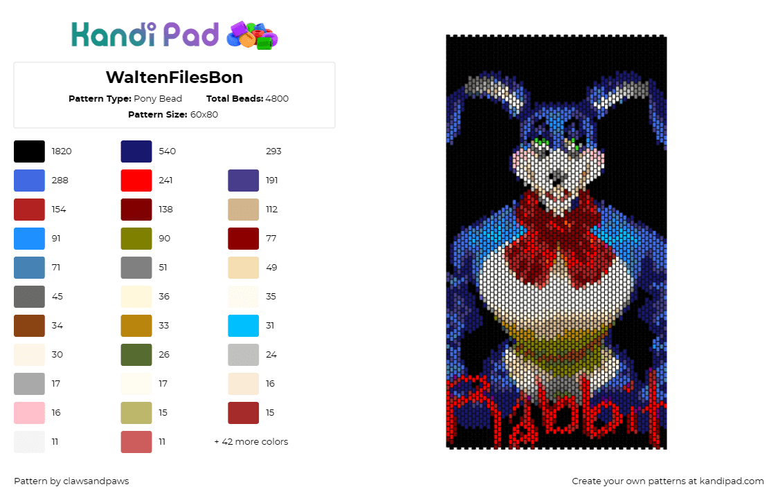 WaltenFilesBon - Pony Bead Pattern by clawsandpaws on Kandi Pad - bon,walten files,character,tv show,horror,animatronic,panel,dark,black,blue,red,