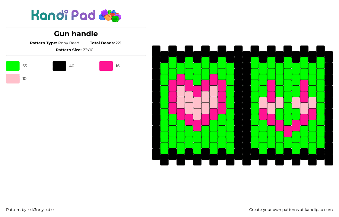 Gun handle - Pony Bead Pattern by xxk3nny_xdxx on Kandi Pad - heart,smiley,panel,neon,green,pink