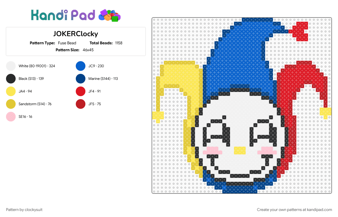 JOKERClocky - Fuse Bead Pattern by clockysuit on Kandi Pad - blue, character, joker, oc, red, yellow