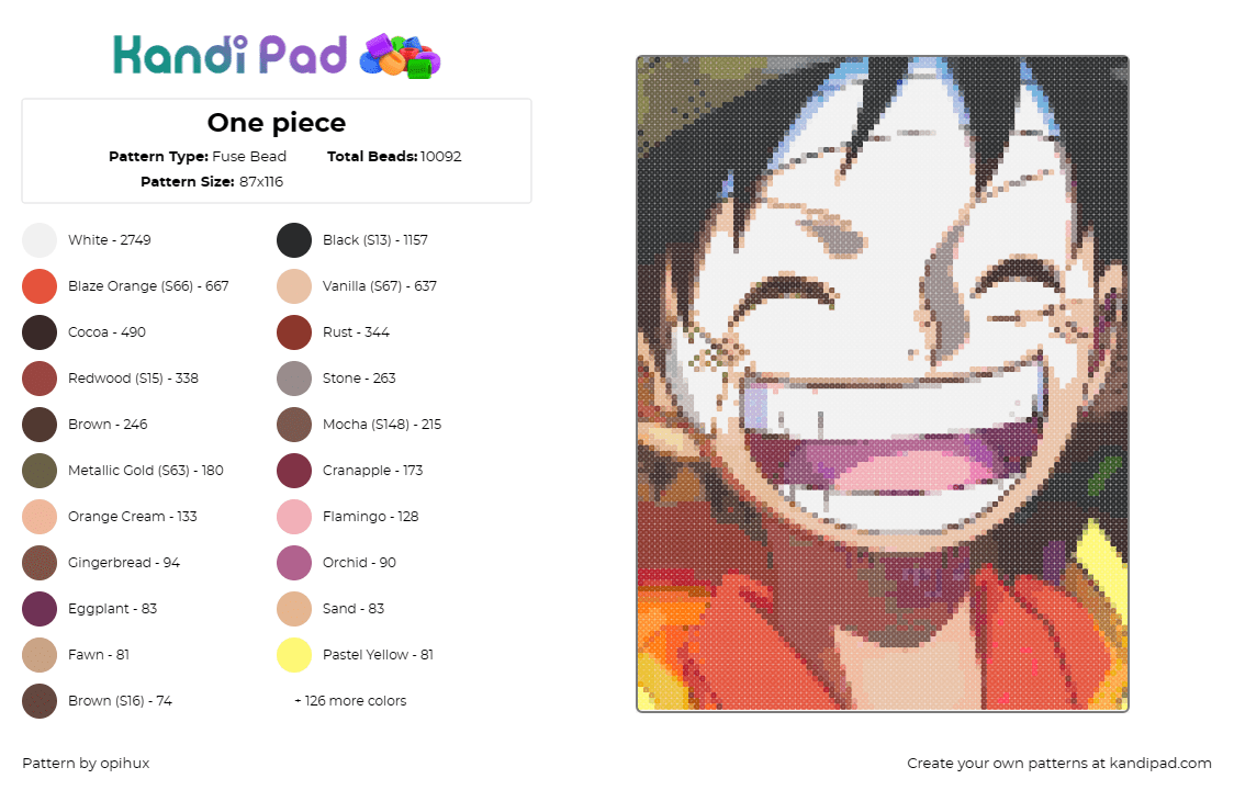 One piece - Fuse Bead Pattern by opihux on Kandi Pad - monkey d luffy,one piece,smile,anime,tv show,tan,orange