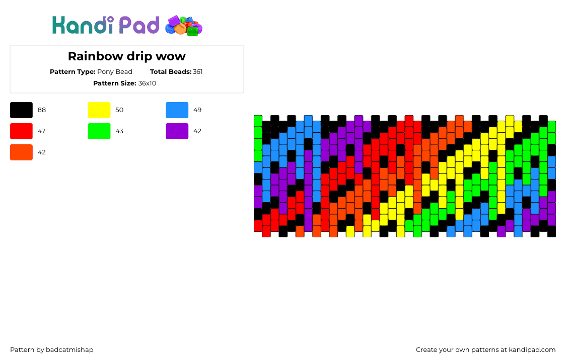 Rainbow drip wow - Pony Bead Pattern by badcatmishap on Kandi Pad - drippy,rainbow,melting,diagonal,stripes,colorful,cuff,orange,green