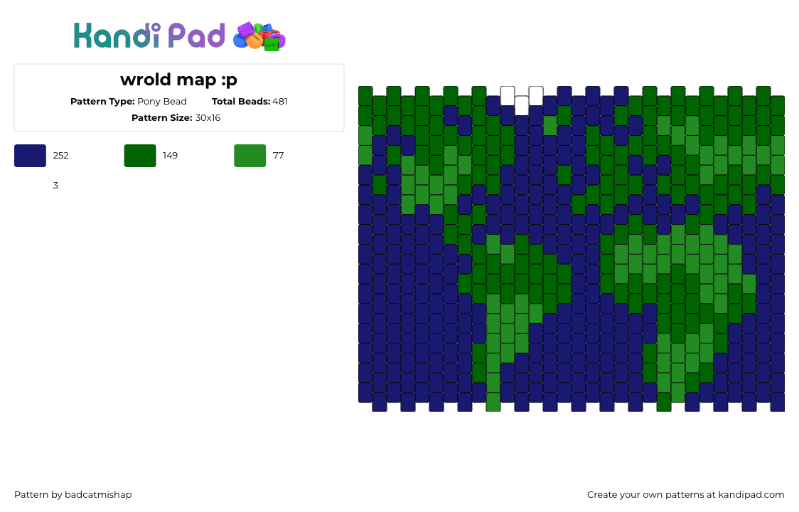 wrold map :p - Pony Bead Pattern by badcatmishap on Kandi Pad - map,world,globe,earth,water,land,continents,panel,blue,green