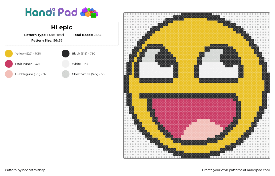 Hi epic - Fuse Bead Pattern by badcatmishap on Kandi Pad - smiley,emoji,happy,face,mouth,yellow,pink,red,white