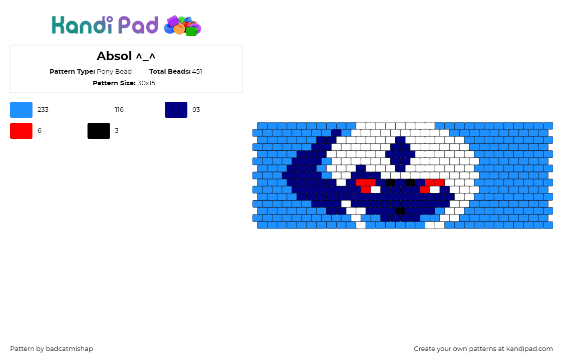 Absol ^_^ - Pony Bead Pattern by badcatmishap on Kandi Pad - absol,pokemon,character,gaming,cuff,blue,white