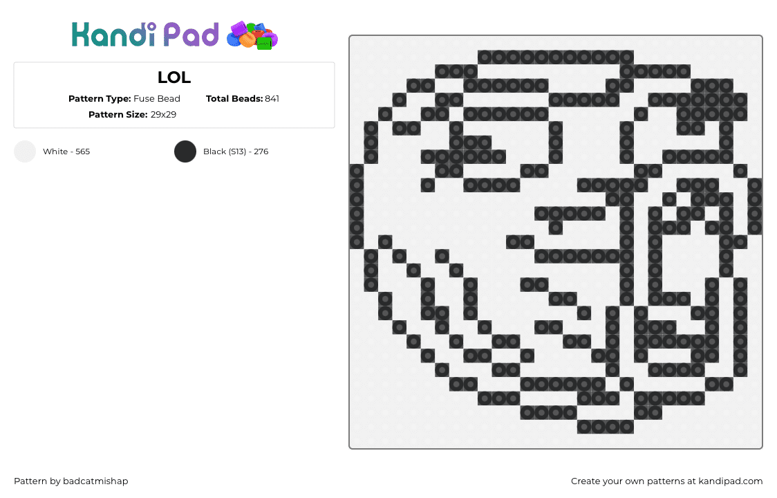 LOL - Fuse Bead Pattern by badcatmishap on Kandi Pad - lol,meme,face,smiley,emoji,outline,white,black