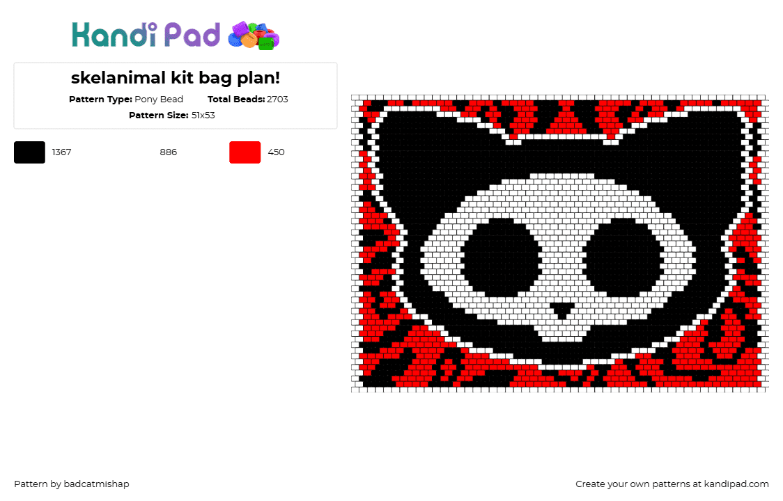 skelanimal kit bag plan! - Pony Bead Pattern by badcatmishap on Kandi Pad - kit,skelanimals,cat,skull,head,panel,bag,spooky,black,white,red