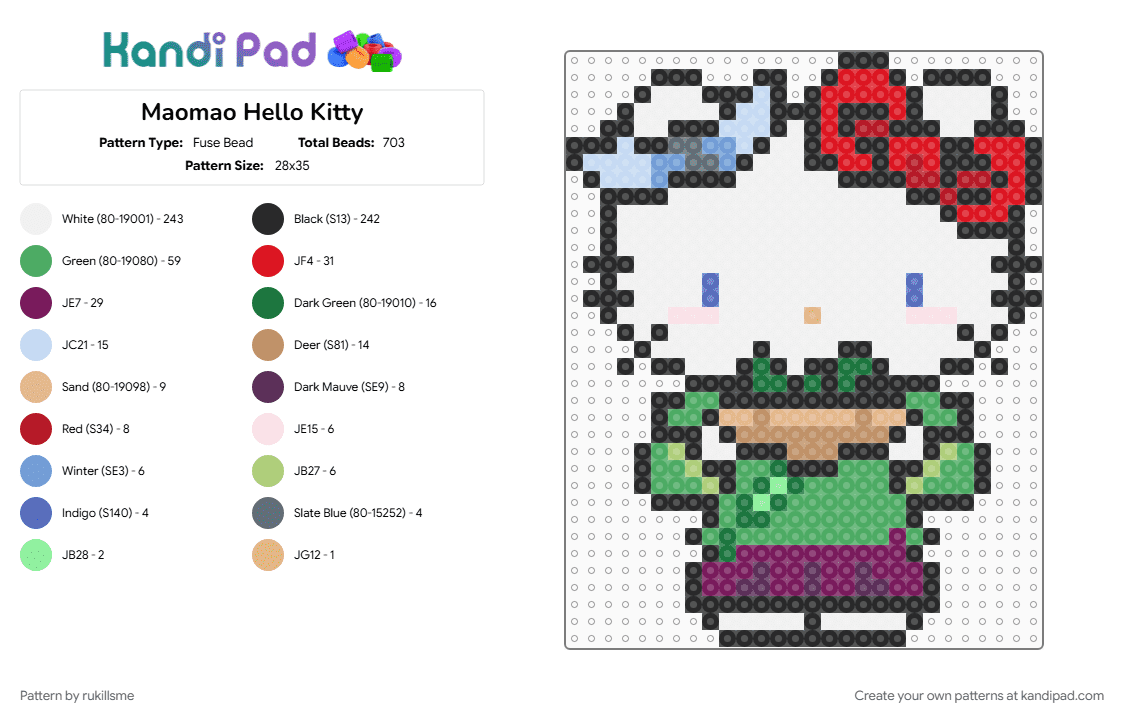 Maomao Hello Kitty - Fuse Bead Pattern by rukillsme on Kandi Pad - green, pink, red, white