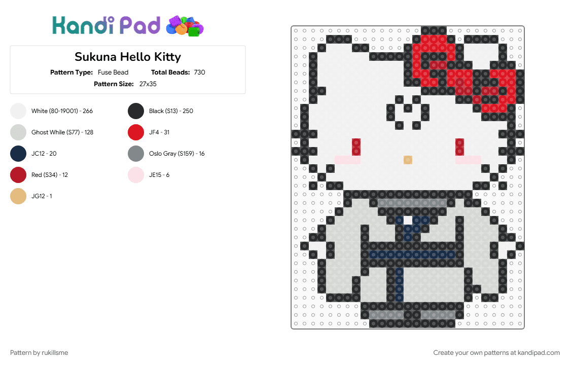 Sukuna Hello Kitty - Fuse Bead Pattern by rukillsme on Kandi Pad - hello kitty, jujutsu kaisen, purple, red, sukuna, white