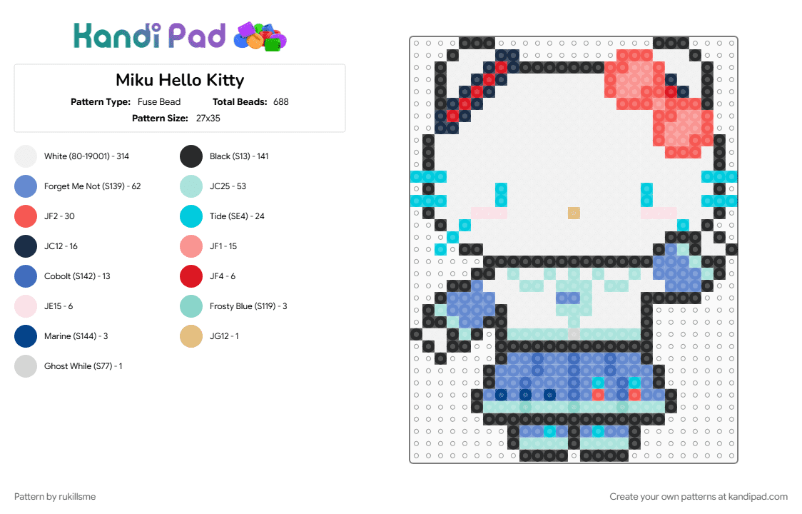 Miku Hello Kitty - Fuse Bead Pattern by rukillsme on Kandi Pad - blue, hatsune miku, hello kitty, light blue, white