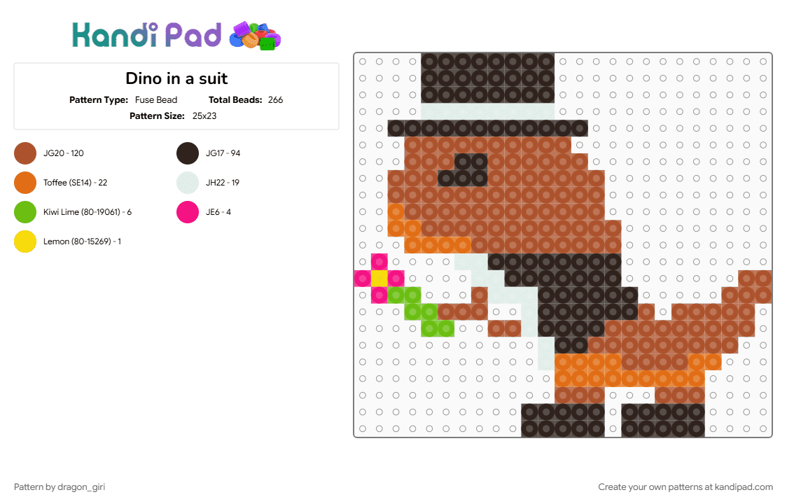 Dino in a suit - Fuse Bead Pattern by dragon_giri on Kandi Pad - brown, cotddinosaurs, red