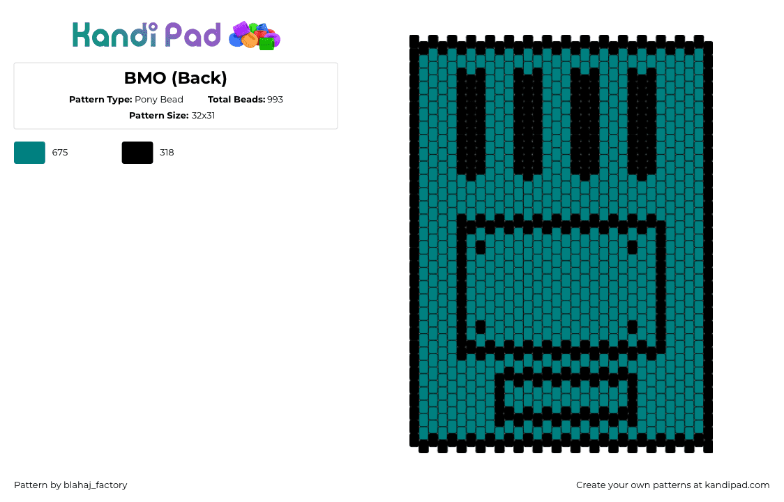 BMO (Back) - Pony Bead Pattern by blahaj_factory on Kandi Pad - bmo,adventure time,tv show,panel,console,teal