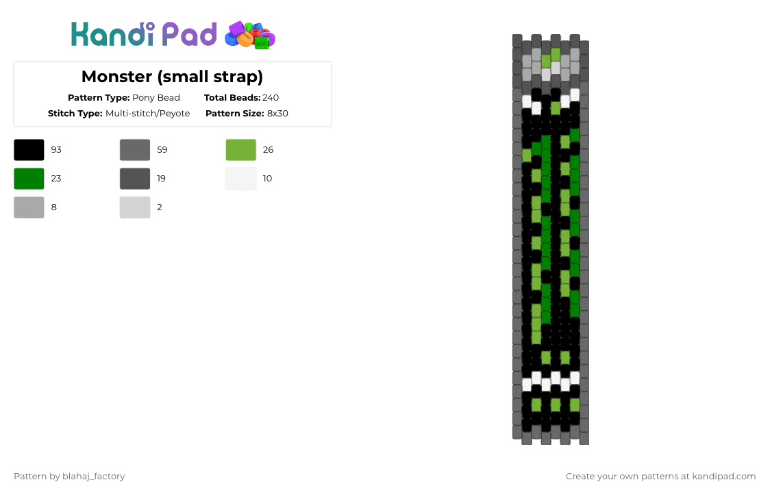 Monster (small strap) - Pony Bead Pattern by blahaj_factory on Kandi Pad - gray,green