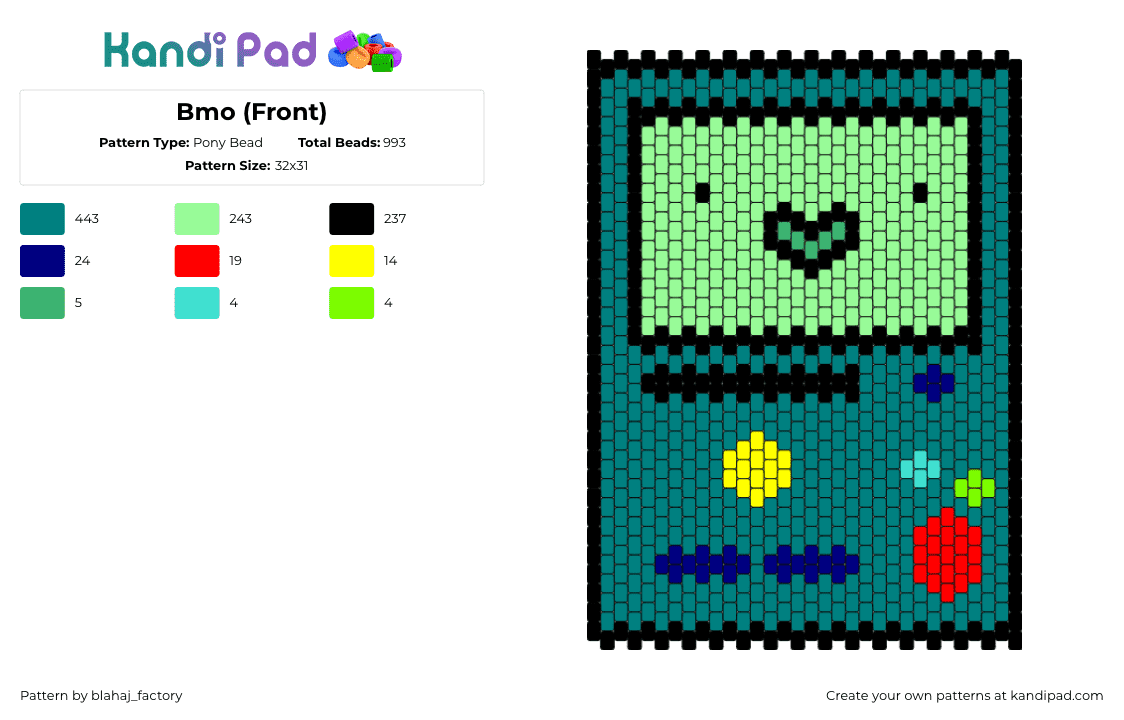 Bmo (Front) - Pony Bead Pattern by blahaj_factory on Kandi Pad - bmo,adventure time,video game,console,face,gameboy,tv show,teal,green