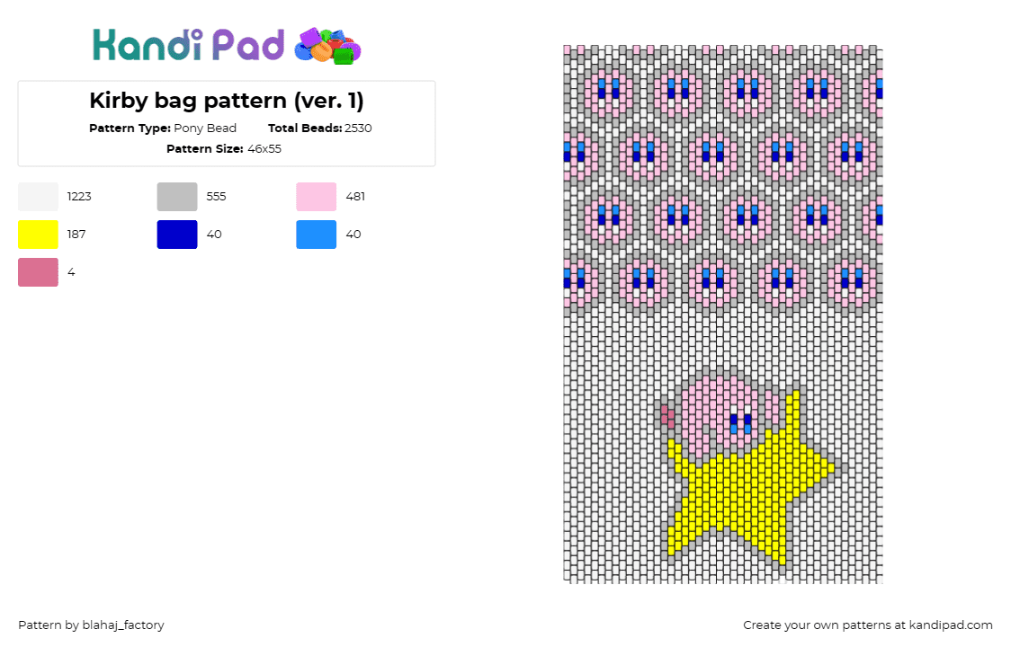 Kirby bag pattern (ver. 1) - Pony Bead Pattern by blahaj_factory on Kandi Pad - kirby,nintendo,video game,star,panel,pink,yellow,white