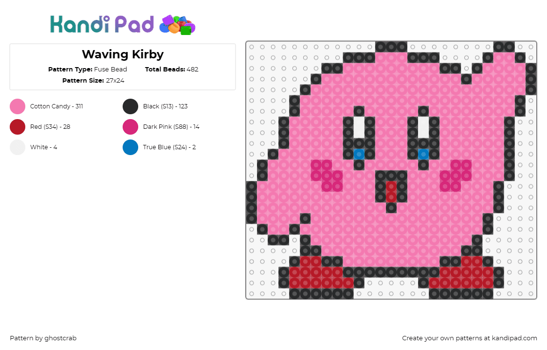 Waving Kirby - Fuse Bead Pattern by ghostcrab on Kandi Pad - kirby,nintendo,cute,character,wave,video game,happy,pink