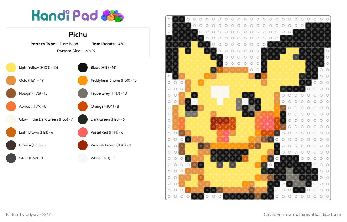 Pichu - Fuse Bead Pattern by ladysilver2267 on Kandi Pad - orange, yellow
