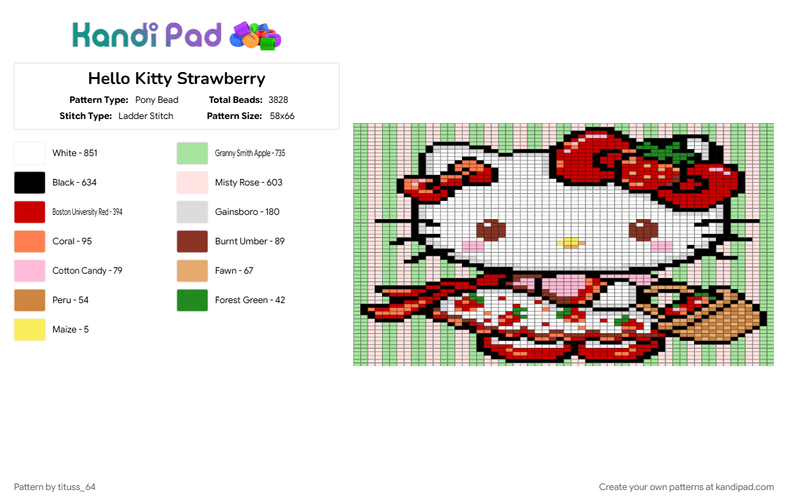 Hello Kitty Strawberry - Pony Bead Pattern by tituss_64 on Kandi Pad - red, teal, white