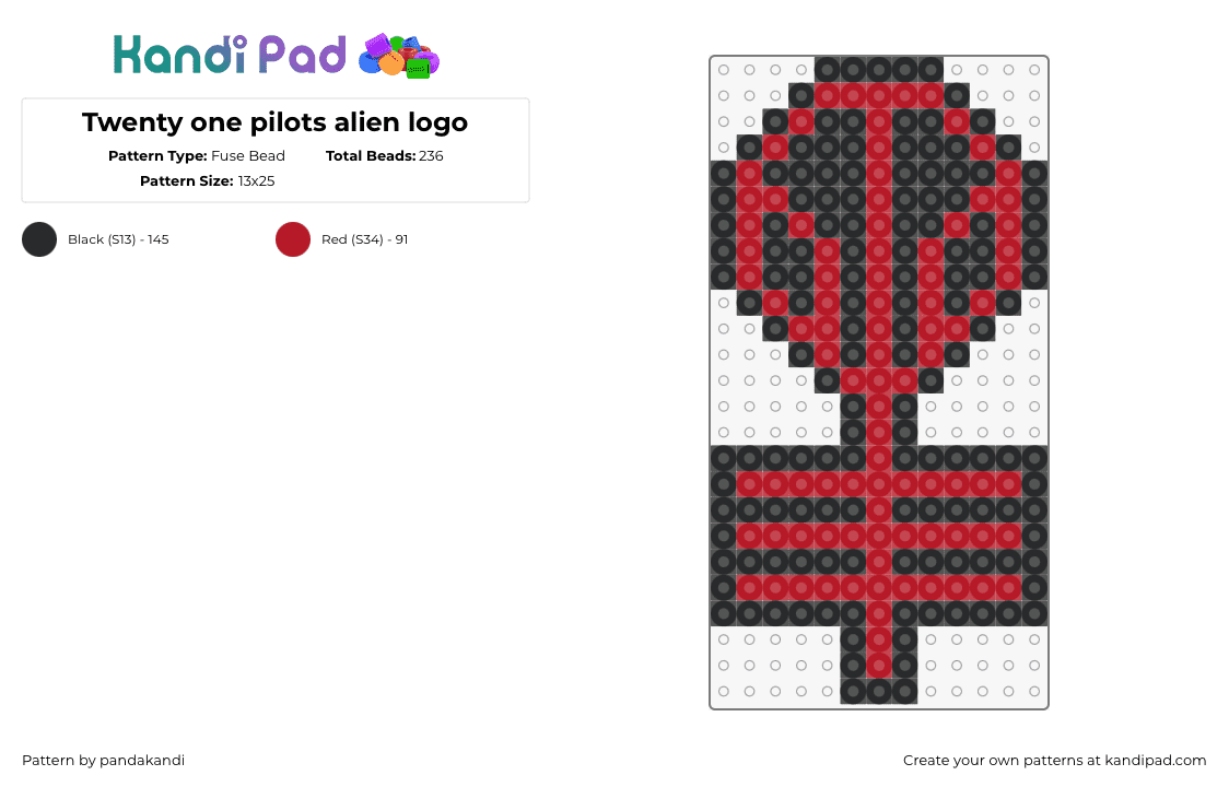 Twenty one pilots alien logo - Fuse Bead Pattern by pandakandi on Kandi Pad - skeleton clique,twenty one pilots,alien,podcast,key,music,band,red,black