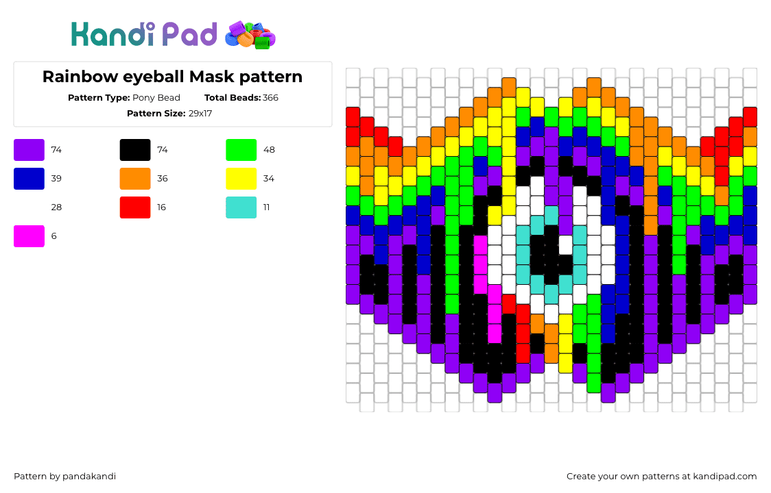 Rainbow eyeball Mask pattern - Pony Bead Pattern by pandakandi on Kandi Pad - eyeball,drippy,psychedelic,rainbow,spooky,mask,colorful,black,purple