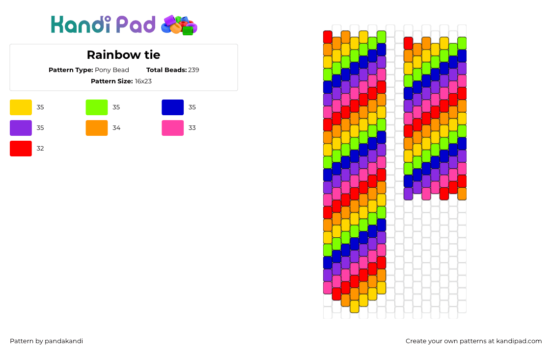 Rainbow tie - Pony Bead Pattern by pandakandi on Kandi Pad - tie,necktie,diagonal,stripes,clothing,rainbow,colorful