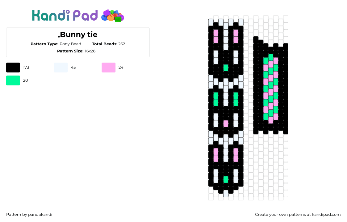 ,Bunny tie - Pony Bead Pattern by pandakandi on Kandi Pad - bunnies,tie,clothing,cute,neon,pastel,pink,green,black