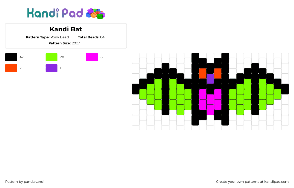 Kandi Bat - Pony Bead Pattern by pandakandi on Kandi Pad - bat,neon,spooky,cute,halloween,winged,black,green,pink