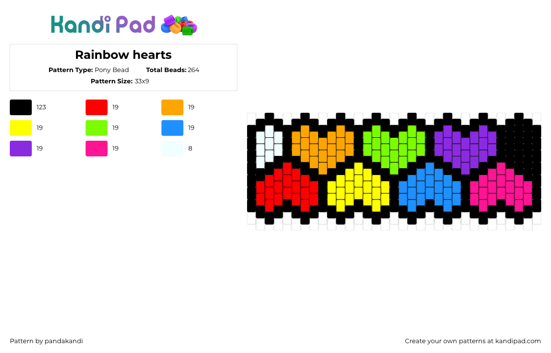 Rainbow hearts - Pony Bead Pattern by pandakandi on Kandi Pad - hearts,rainbow,cuff,colorful,love,red,green,purple,blue