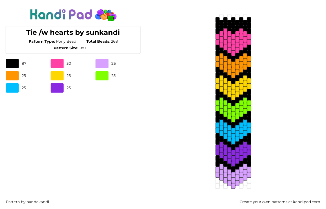 Tie /w hearts by sunkandi - Pony Bead Pattern by pandakandi on Kandi Pad - tie,necktie,hearts,clothing,rainbow,black,pink,orange,green