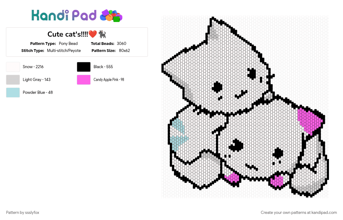 Cute cat\'s!!!!❤🐈‍⬛ - Pony Bead Pattern by ssslyfox on Kandi Pad - cat, cute, light blue, pink, smile, white