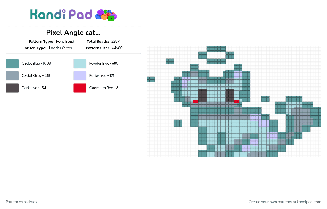 Pixel Angle cat... - Pony Bead Pattern by ssslyfox on Kandi Pad - animal, cat, cute, gray, light blue, teal