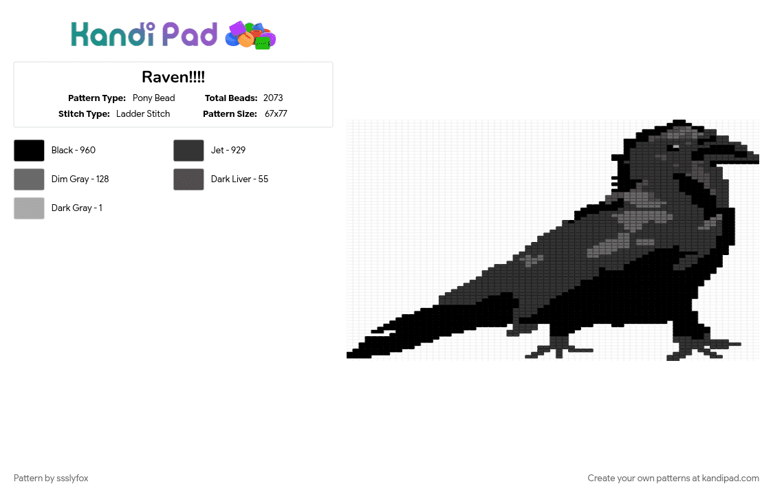 Raven!!!! - Pony Bead Pattern by ssslyfox on Kandi Pad - bird, black, crow, gray, nature, raven