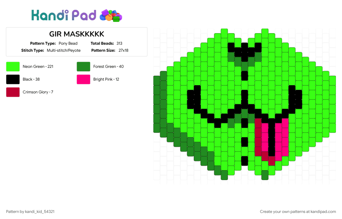 GIR MASKKKKK - Pony Bead Pattern by kandi_kid_54321 on Kandi Pad - green
